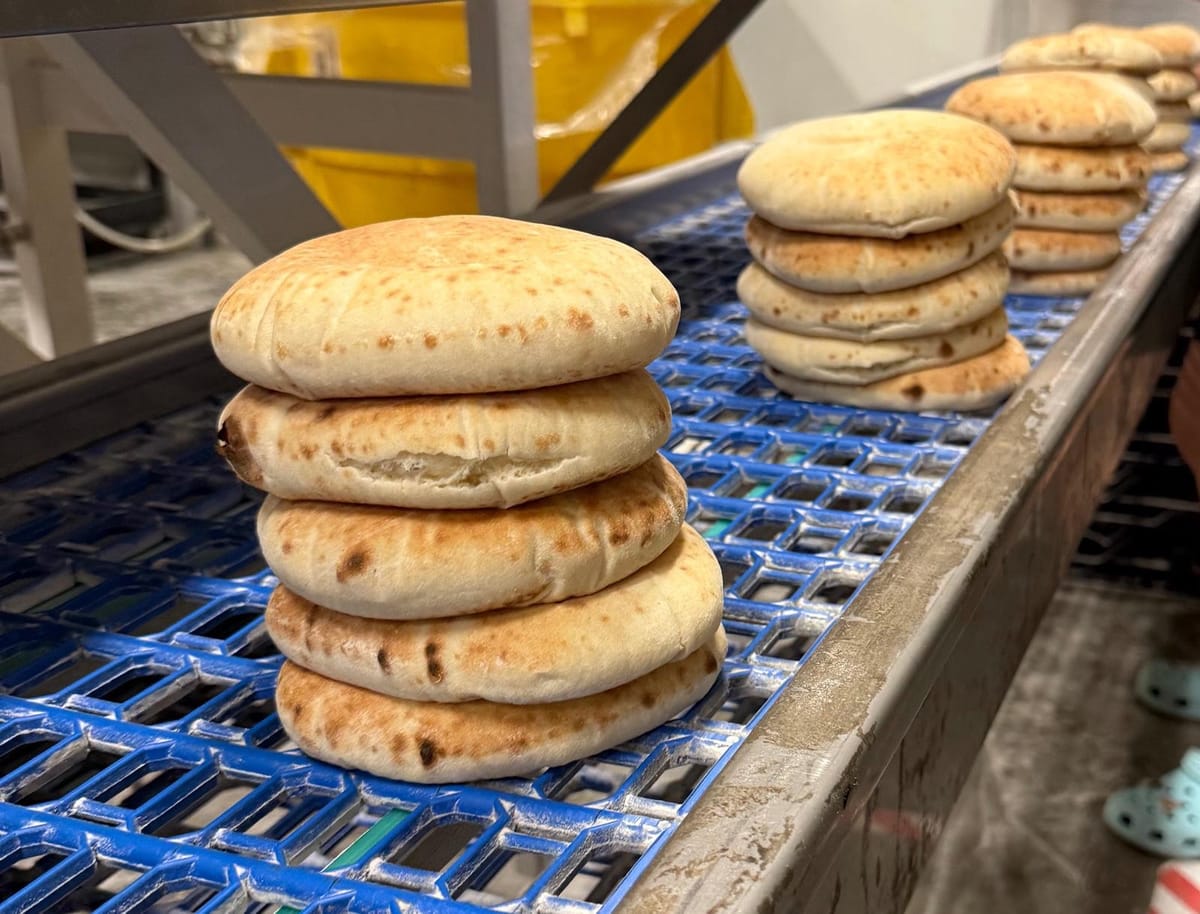 Fresh pita stacks on the production conveyor belt
